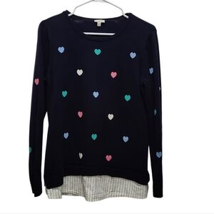 Talbots Lagenlook Sweater Navy With Multicolored Hearts Size M Petite Valentines